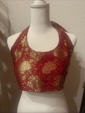 Red and Gold Brocade Halter Crop Top